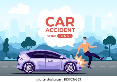 Car hitting a man. Accident on the road. Flat style eps10 illustration. Hatchback vehicle. Side view. Simple modern design. Icons collection.