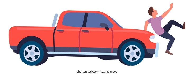 Car hitting man. Auto knocking down person. Road accident