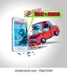 car hitting smartphone while texting message. text don't drive concept - vector illustration