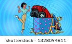 car holiday gift box. African woman funny reaction joy. Pop art retro vector illustration vintage kitsch 50s 60s