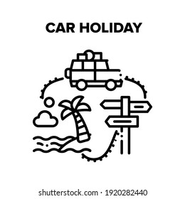Car Holiday Vector Icon Concept. Car Holiday Travel To Tropical Beach, Automobile Vehicle Driving On Summer Vacation Trip. Road Direction Mark And Highway Route Sign Black Illustration