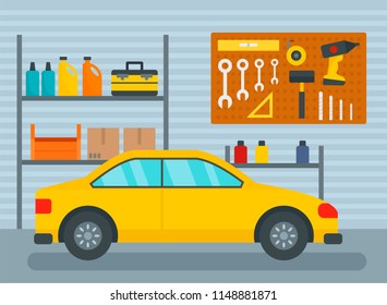 Car In Home Garage Background. Flat Illustration Of Car In Home Garage Vector Background For Web Design