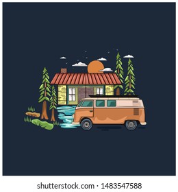 car at home illustration with tree 