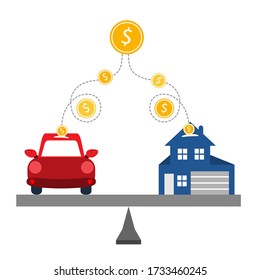Car and home loan repayment concept. Equal amount of money going towards car and house investment loans.