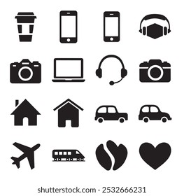 car, home, phone, plan, laptop icon set