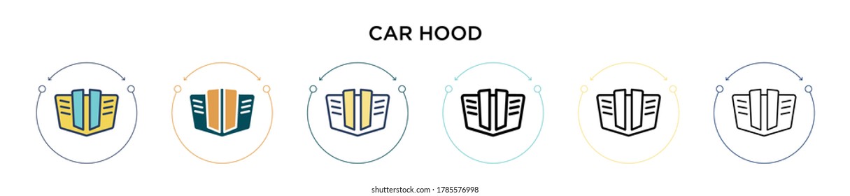 Icono del capó del coche en estilo relleno, delgado, contorno y trazo. Ilustración vectorial de dos iconos de los vectores de los coches de color y negro se puede utilizar para móviles, ui, web