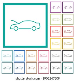 Car hood open dashboard indicator flat color icons in circle shape outlines. 12 bonus icons included.