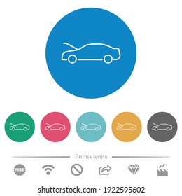Car hood open dashboard indicator flat white icons on round color backgrounds. 6 bonus icons included.