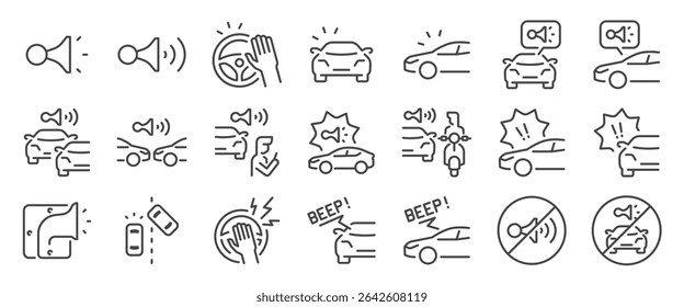 car horn icon set. It included honking, alert, traffic, notification, loud, and more icons. Editable Vector Stroke.