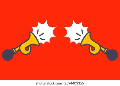 car horn makes a sharp sound. musical trumpet on a red background.
