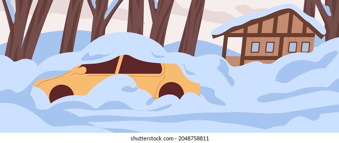 Car and house covered with snow, buried under it. Snowy landscape with auto and home in cold weather. Panorama with snowbanks in frost after snowstorm in December. Flat vector illustration