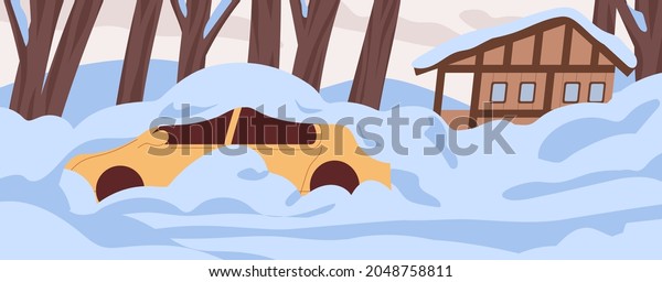 Car\
and house covered with snow, buried under it. Snowy landscape with\
auto and home in cold weather. Panorama with snowbanks in frost\
after snowstorm in December. Flat vector\
illustration