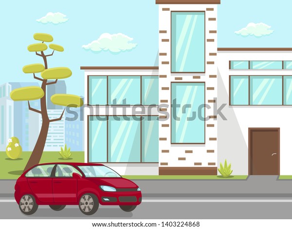 Car at\
House Front Yard Flat Vector Illustration. New Vehicle and Property\
Buying. Countryside Area Moving. Family Modern Dream Home. Cartoon\
Fashionable, Luxury Building Simple\
Design