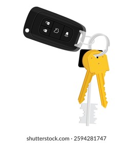 Car and house keys on keychain keyring isolated on white background. Rental concept. Vector 