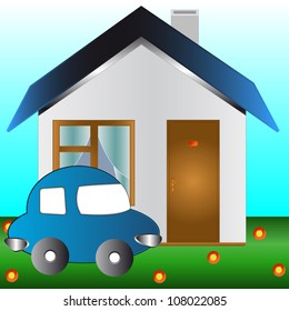 The car and the house on a lawn with flowers