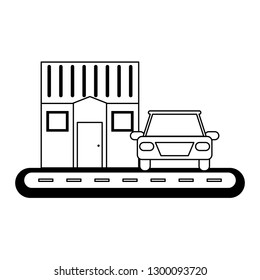 Car and house on street black and white