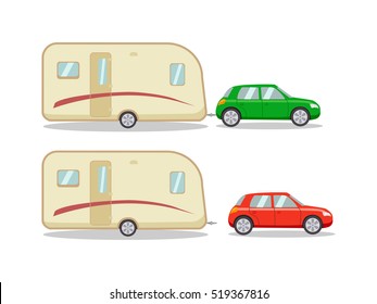Car with the house on wheels trailer. Cartoon vector illustration