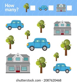 Coche, casa, árbol. Tarjeta de juego de cuenta para niños. Ilustración vectorial brillante. Cuántos