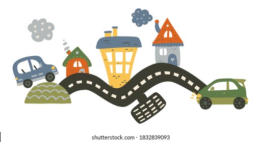 Car and house vector illustration for baby boy shirt and room designs. Cute vehicle on a road, city travel poster. Kid auto card.