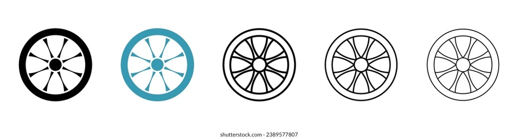 Juego de iconos de la línea de cierre del coche. Símbolo de disco de aleación de automóvil. Icono de guarnecido de neumáticos de camión para diseños de interfaz de usuario.