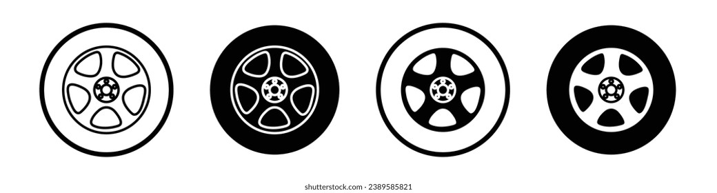 Car hubcap vector icon set. Automobile alloy disk symbol. Truck tyre trim icon in black and white color.