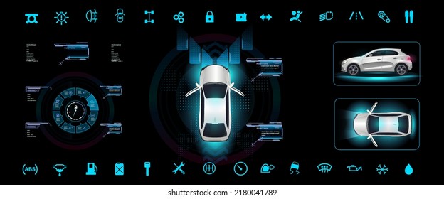 Car HUD interface with navigation panel in three projections in the style of HUD. Smart car control settings with electronic digital navigation panel