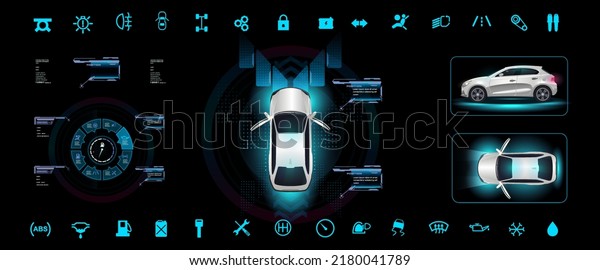Car HUD interface with navigation panel\
in three projections in the style of HUD. Smart car control\
settings with electronic digital navigation\
panel