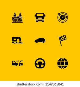 car icon. 9 car set with caravan, car black side silhouette, radar and truck vector icons for web and mobile app