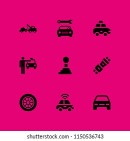 car icon. 9 car set with drive, breakdown, taxi and cab vector icons for web and mobile app