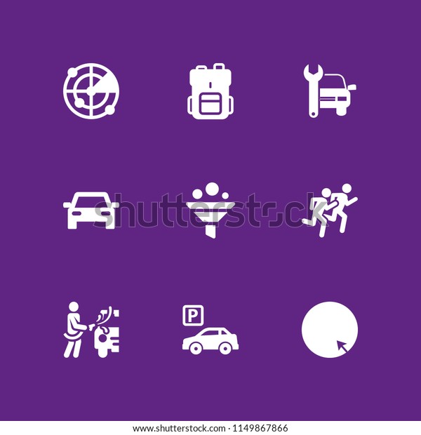 car icon. 9 car set with radar,\
parking, car wash and race vector icons for web and mobile\
app