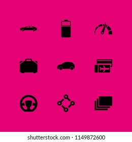 car icon. 9 car set with sportcar, battery, steering wheel and trip vector icons for web and mobile app