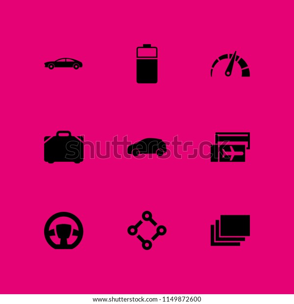car icon. 9 car set\
with sportcar, battery, steering wheel and trip vector icons for\
web and mobile app