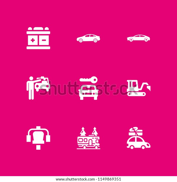 car icon. 9 car set with taxi, car with luggage on\
the roof rack, battery and sedan car model vector icons for web and\
mobile app