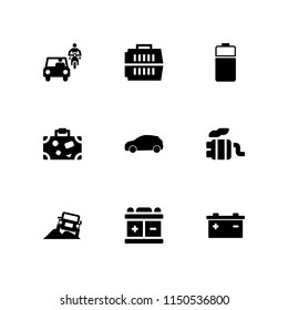 car icon. 9 car set with trip, traffic, car black side silhouette and battery vector icons for web and mobile app
