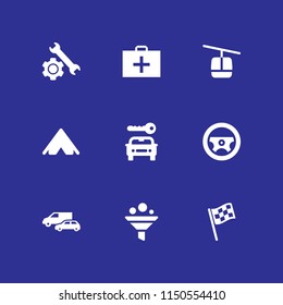 car icon. 9 car set with van, trip, cable car cabin and racing flag vector icons for web and mobile app