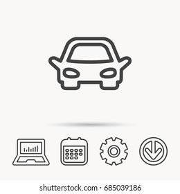 Car icon. Auto transport sign. Notebook, Calendar and Cogwheel signs. Download arrow web icon. Vector