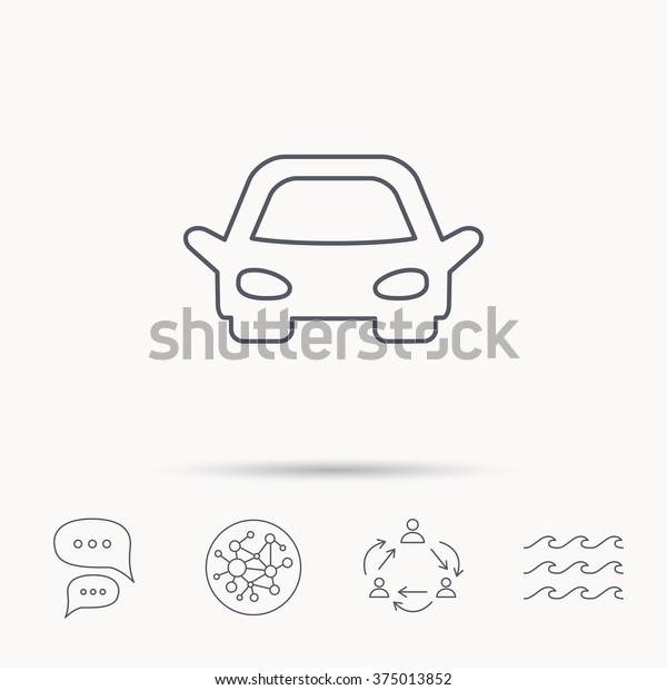 Car icon. Auto\
transport sign. Global connect network, ocean wave and chat dialog\
icons. Teamwork symbol.