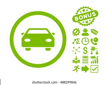 Car icon with bonus pictogram. Vector illustration style is flat iconic symbols, eco green color, white background.