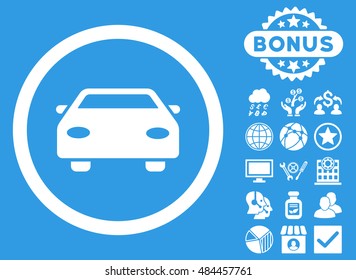 Car icon with bonus pictures. Vector illustration style is flat iconic symbols, white color, blue background.