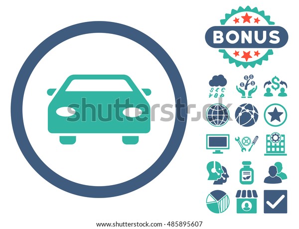 Car icon with bonus pictures. Vector
illustration style is flat iconic bicolor symbols, cobalt and cyan
colors, white background.