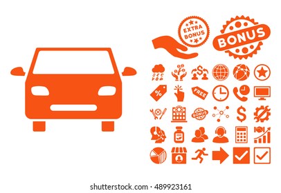 Car icon with bonus symbols. Vector illustration style is flat iconic symbols, orange color, white background.