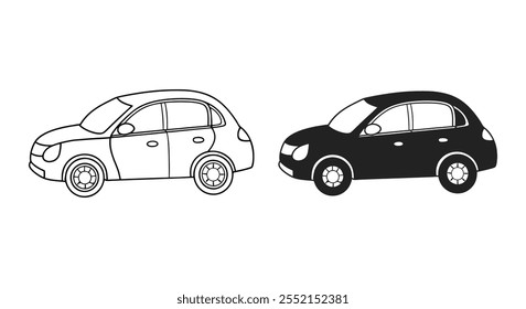 car icon, classic car. front, rear, side, and car line and outline drawing art on a white background