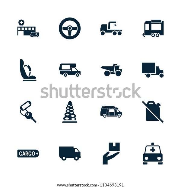 Car icon.\
collection of 16 car filled icons such as key, truck with hook,\
truck, trailer, van, no oil, tunnel, baby seat in car, wheel.\
editable car icons for web and\
mobile.