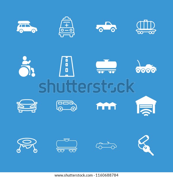 Car icon. collection of 16 car\
filled and outline icons such as key, garage, baby toy, van, road,\
ambulance, disabled. editable car icons for web and\
mobile.