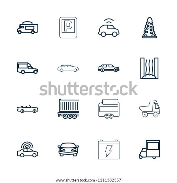 Car icon. collection of 16 car outline icons such\
as tunnel, van, heating system, parking, battery. editable car\
icons for web and mobile.