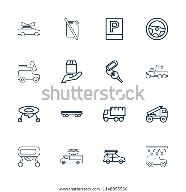 Car icon.\
collection of 16 car outline icons such as baby toy, key, truck,\
wheel, cargo wagon, parking, truck rocket, truck with hook.\
editable car icons for web and\
mobile.