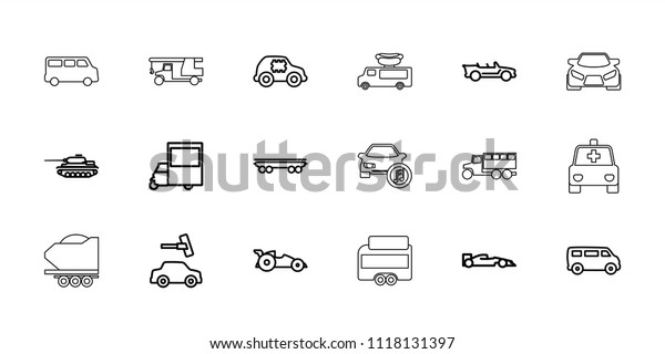 Car icon. collection of 18 car\
outline icons such as van, car wash, cabriolet, tank, truck, truck\
with hook, trailer. editable car icons for web and\
mobile.