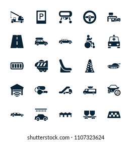 Car icon. collection of 25 car filled icons such as taxi, parking, tunnel, baby seat in car, hospital, ful battery, garage, tank. editable car icons for web and mobile.