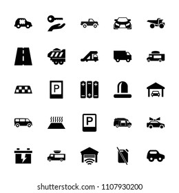 Car icon. collection of 25 car filled icons such as parking, truck crane, van, battery, truck, siren, garage, key on hand, taxi, no oil. editable car icons for web and mobile.