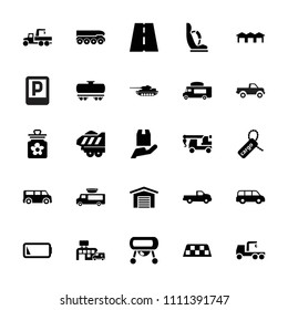Car icon. collection of 25 car filled icons such as car, truck with hook, van, cargo tag, cargo trailer, hospital, low battery, garage. editable car icons for web and mobile.